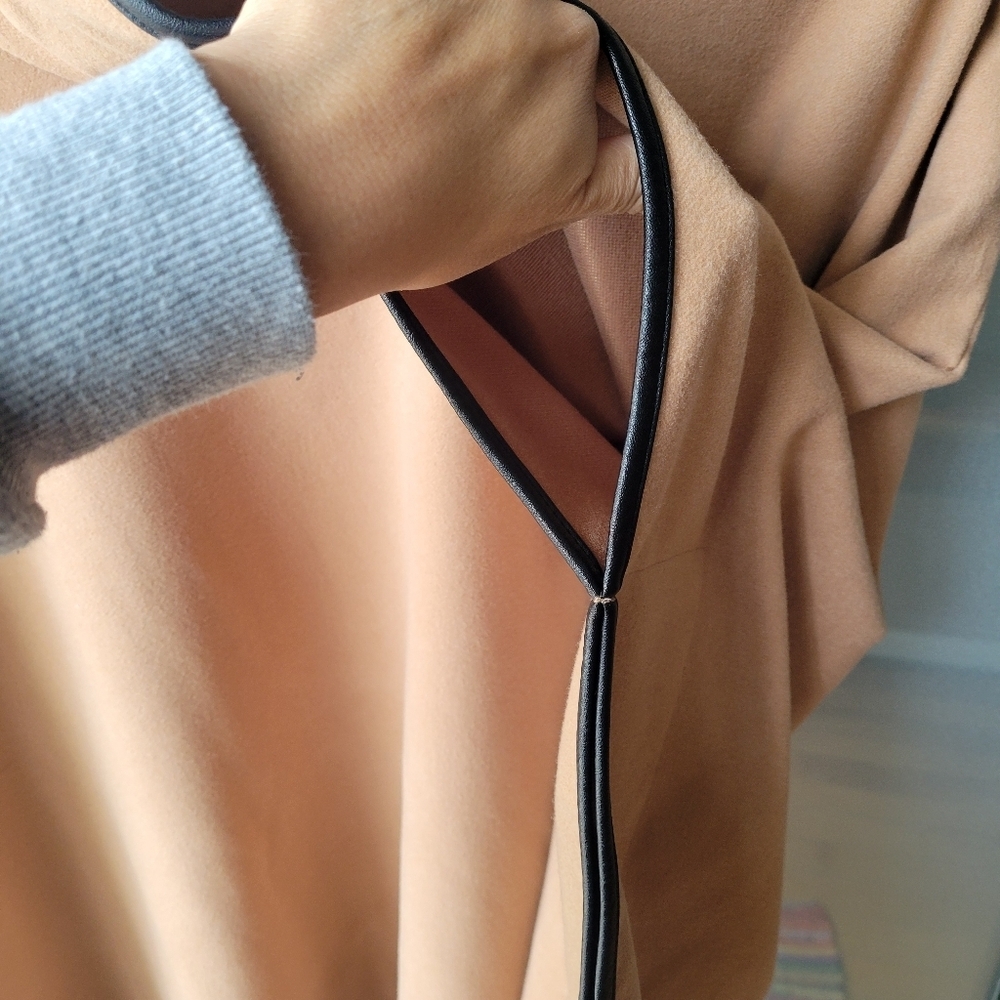 Tuckernuck Piper Poncho Camel color One Size Faux Leather Trim Funnel Neck - Picture 4 of 10